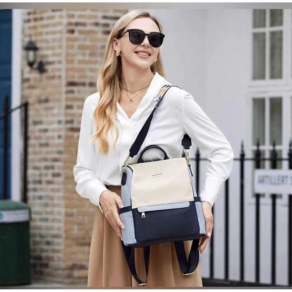 CLUCI Colorblock Convertible Backpack Purse Veg Women Cream‎ Navy Bluean Leather